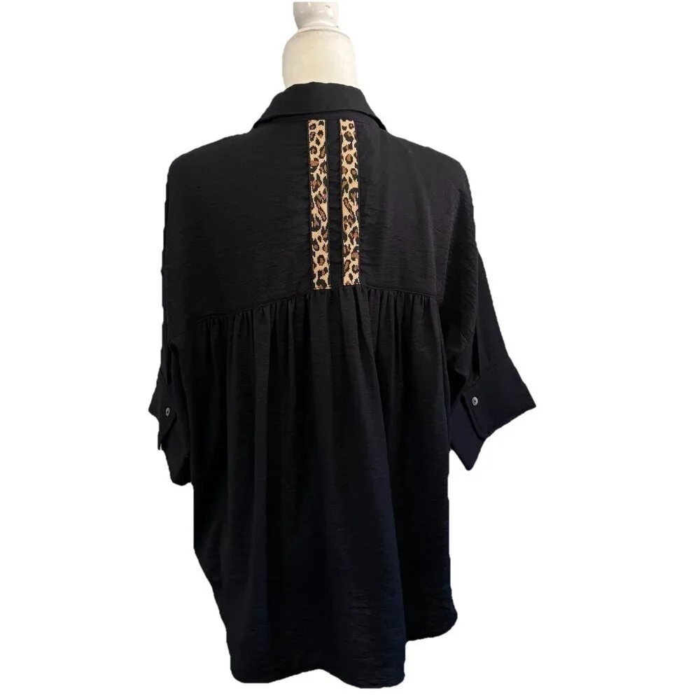 Entro Oversized Button Up Collared Shirt 3/4 Sleeve Black / Animal Print Sz Smal